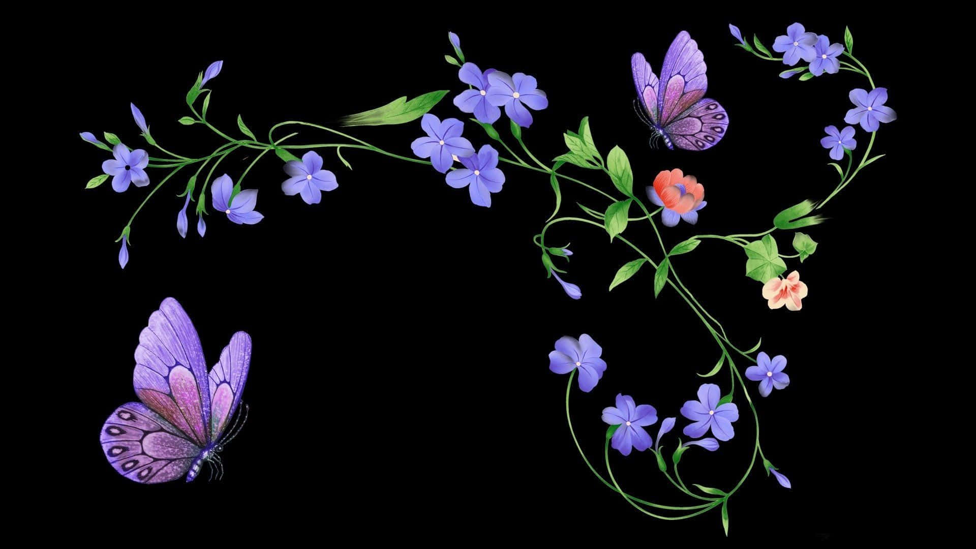 Butterfly Art 桌布 壁紙 — 優雅的紫色蝴蝶和藍色花朵，配上綠色藤蔓，在純黑背景上優美地彎曲。