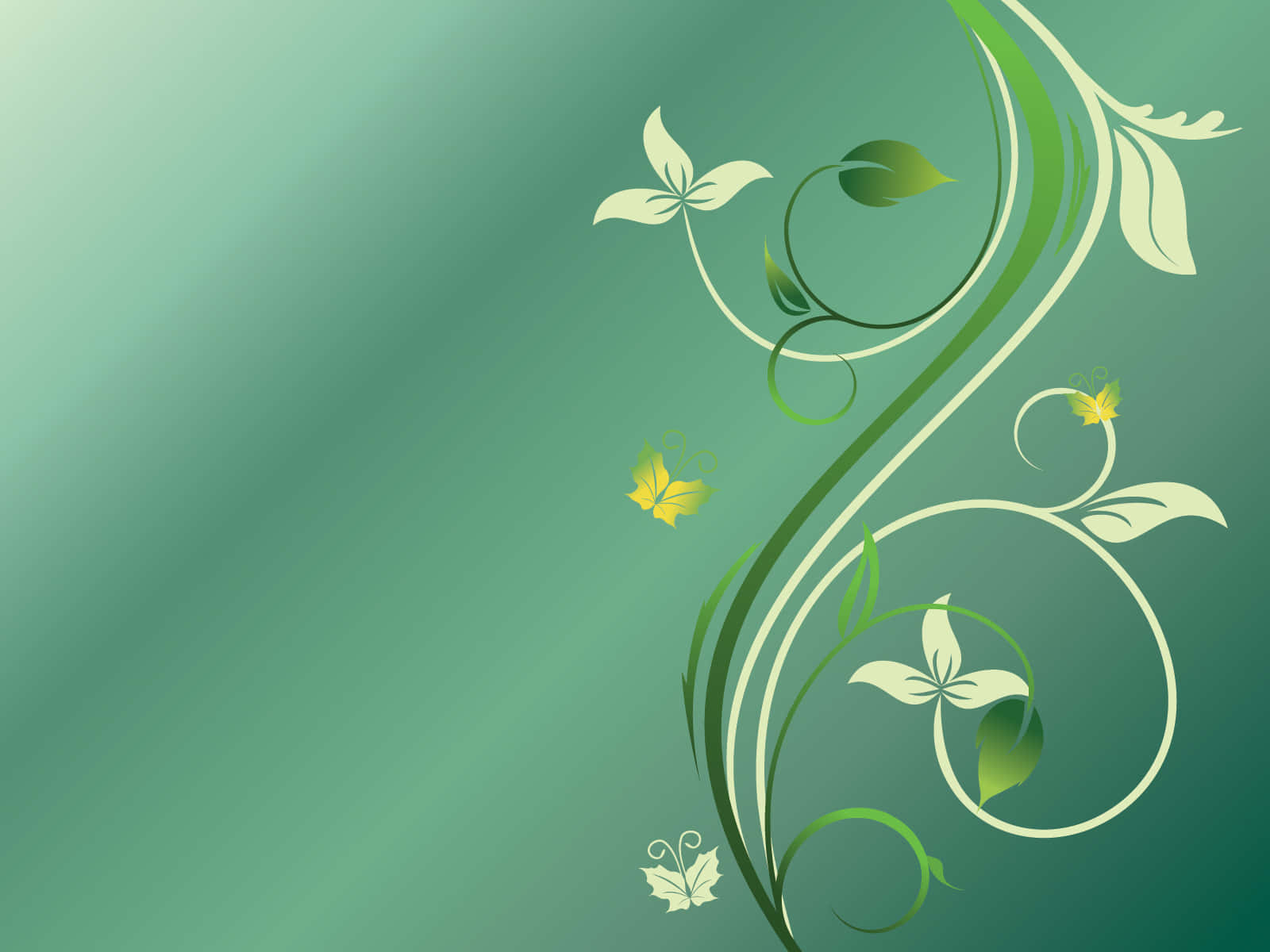 Floral Design 桌布 壁紙 — 優雅的綠色和奶油色花卉漩渦，伴隨著小巧的黃色蝴蝶，優美地在柔和的青綠色漸變背景上彎曲。