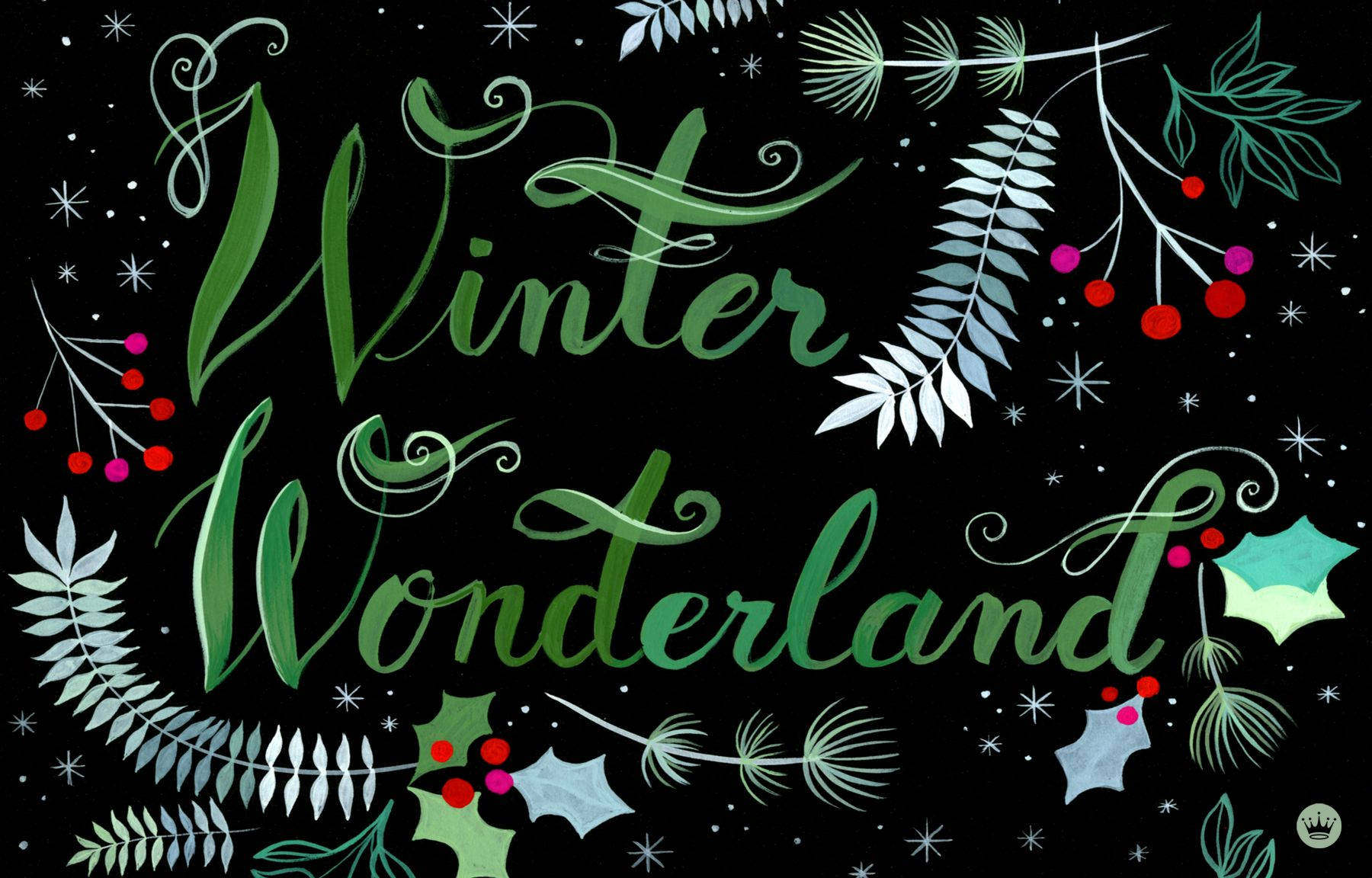十二月 桌布 壁紙 — 優雅的綠色字體寫著 Winter Wonderland，周圍環繞著冬青漿果、松針和雪花，背景為黑色。