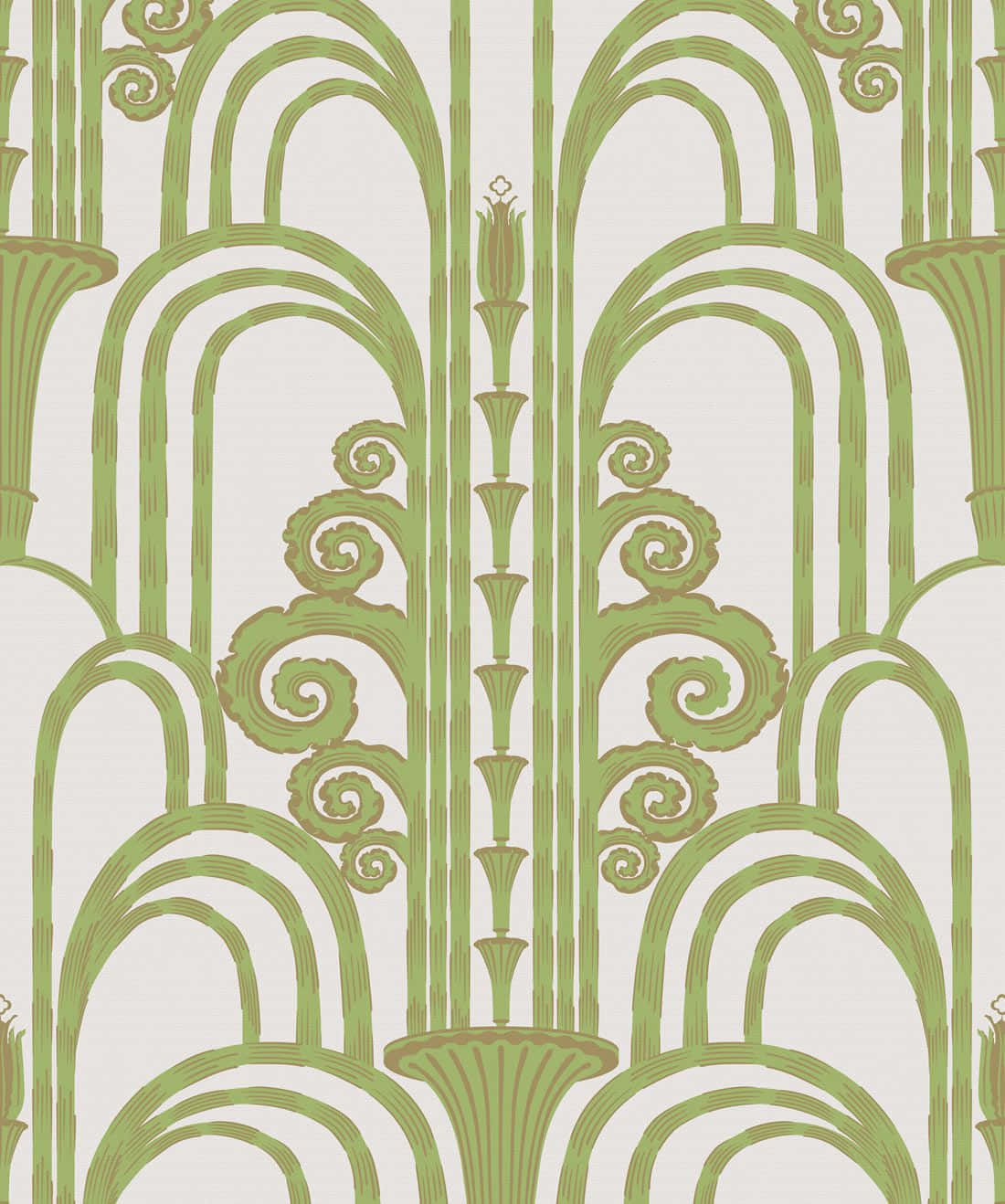 Art Deco iPhone 桌布 壁紙 — 優雅的綠色裝飾藝術風格壁紙，在奶油色背景上帶有對稱的漩渦圖案和垂直凹槽紋理。