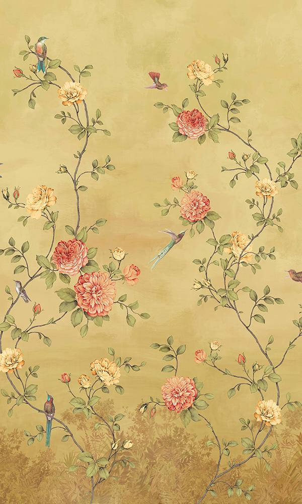 Chinoiserie 桌布 壁紙 — 優雅的花卉壁紙，帶有粉紅色和奶油色的玫瑰、綠葉和色彩繽紛的鳥兒，背景為溫暖的米色。