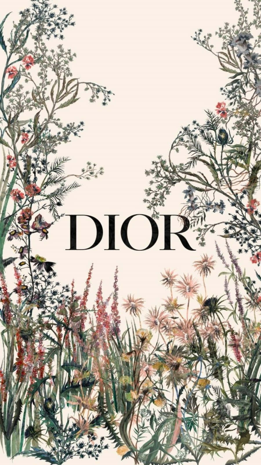 Dior 動態 桌布 壁紙 — 優雅的花卉插圖，Dior 標誌居中，周圍環繞著茂盛的植物，背景為柔和的奶油色。