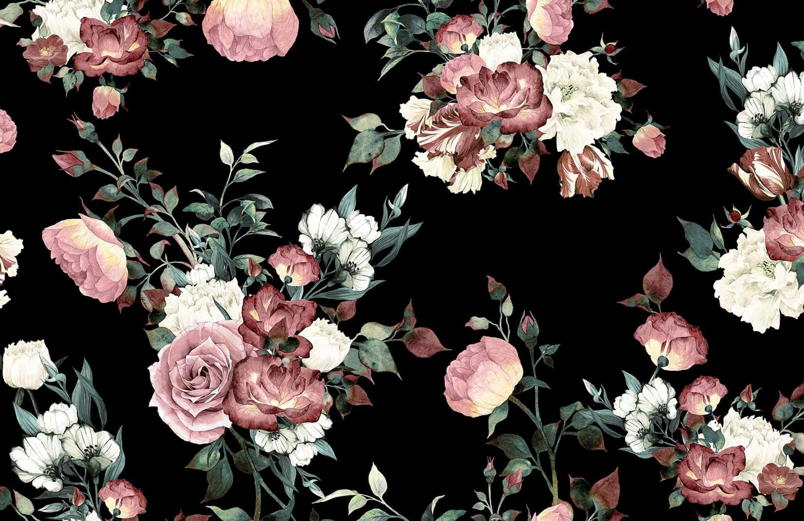 Black And Pink Flower 桌布 壁紙 — 優雅的花束，粉紅和白色玫瑰及綠葉散落在純黑背景上。