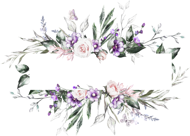 Frame 桌布 壁紙 — 優雅的花環，由白玫瑰、紫色花朵和綠葉排列成對稱的裝飾邊框。