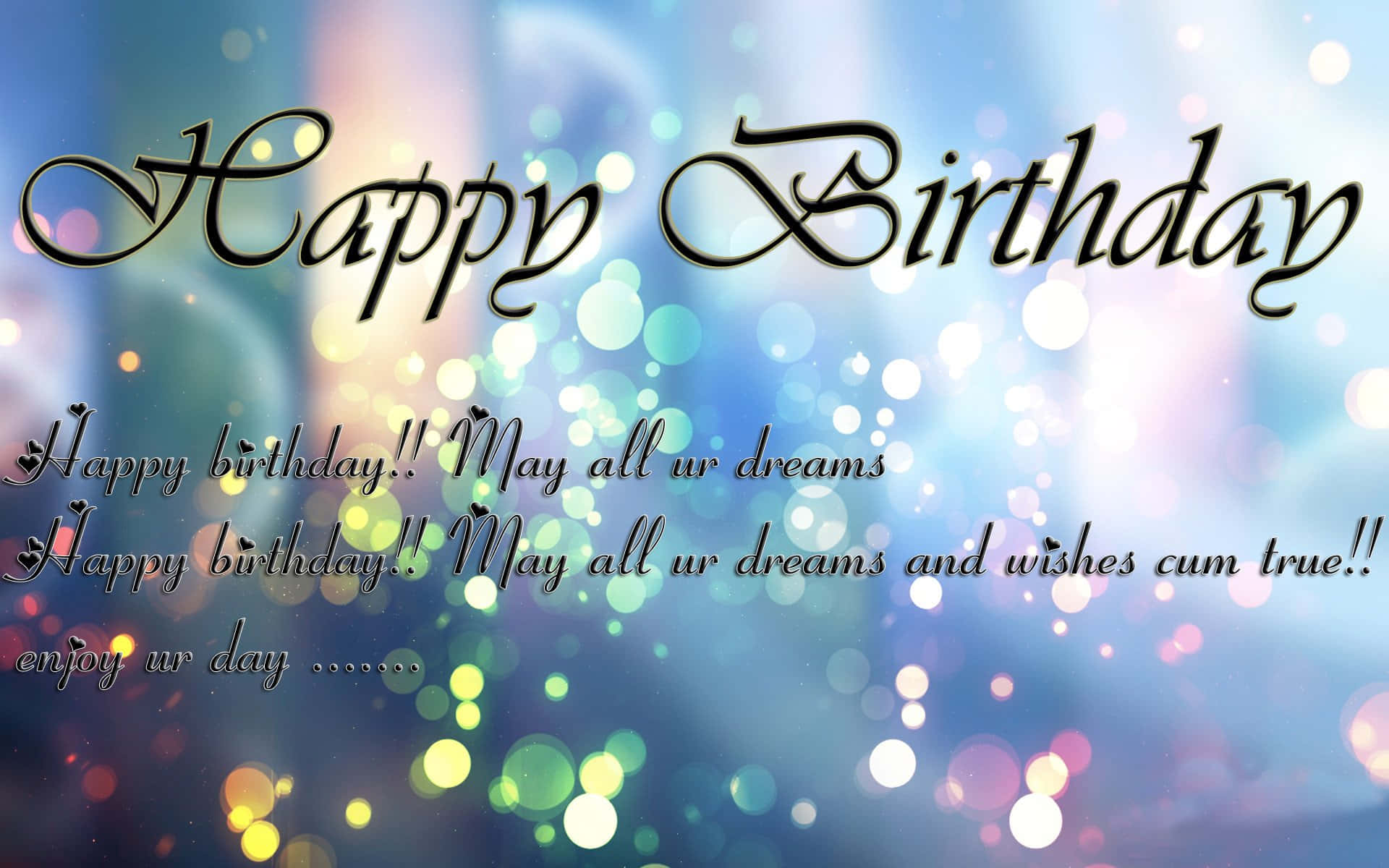 Birthday Wishes 桌布 壁紙 — 優雅的草書「Happy Birthday」文字，置於閃爍的散景背景上，帶有柔和的藍色和金色燈光。