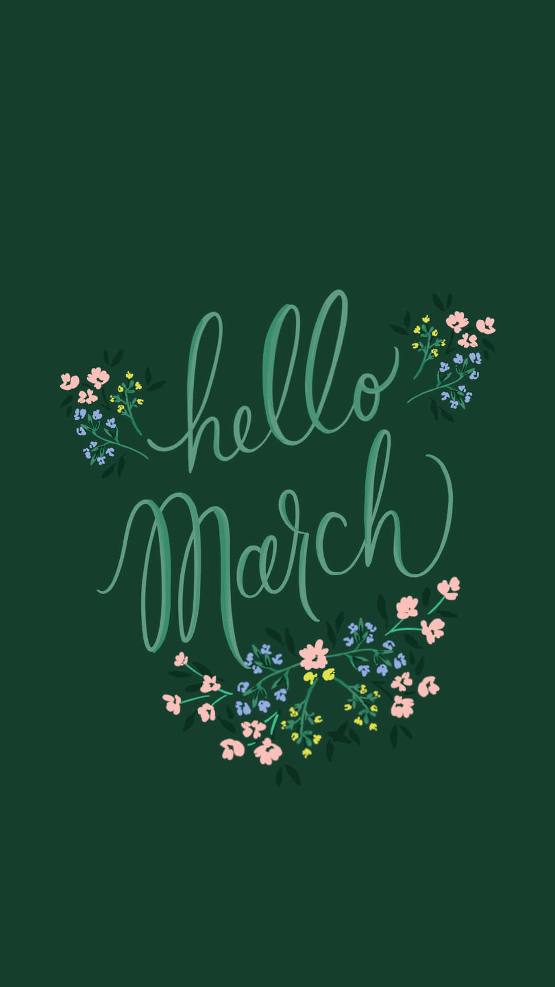 March 桌布 壁紙 — 優雅的草書Hello March文字，襯托著精緻的粉紅、藍和黃色春天花朵，背景是深綠色。