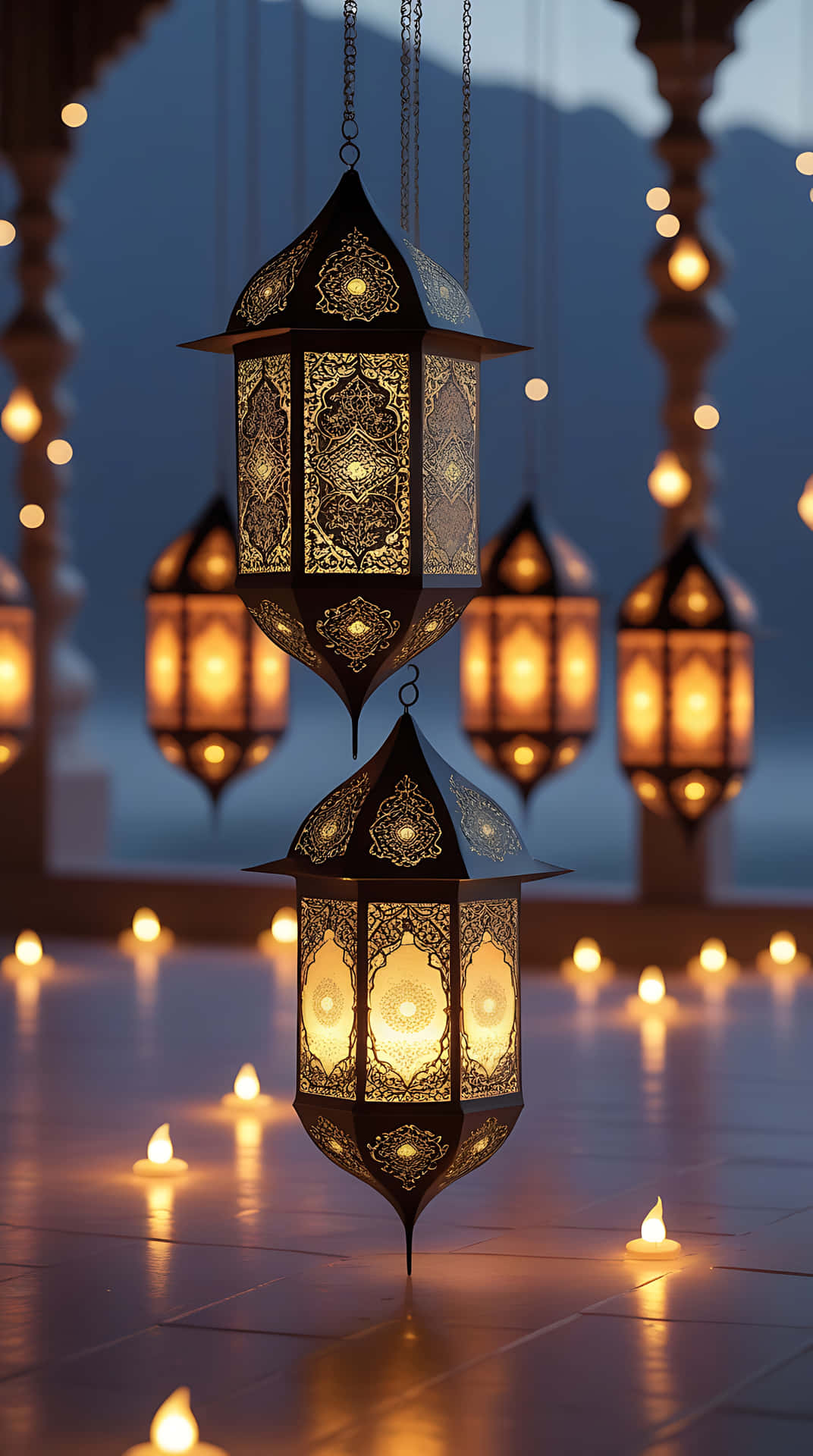Illuminated Lanterns Celebrating Ramadan. smartphone wallpaper 壁紙 — 優雅的華麗燈籠懸掛著，在深藍色背景下投射出溫暖的金色光芒，反光瓷磚上散落著蠟燭。