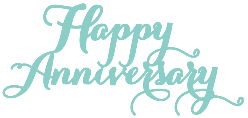 Clipart 桌布 壁紙 — 優雅的藍綠色草書文字，寫著「Happy Anniversary」，帶有白色輪廓，背景為黑色。