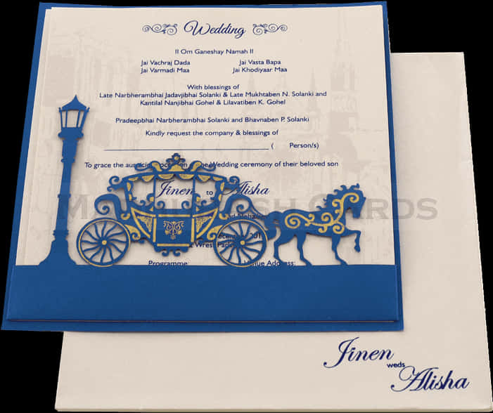 Marriage 桌布 壁紙 — 優雅的藍色和金色婚禮邀請函，帶有精緻的馬車設計、華麗字體和傳統祝福語。