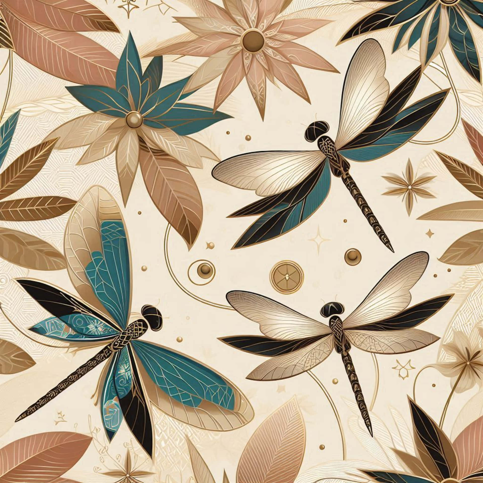 Flat background,dragonflies golden tones 壁紙 — 優雅的蜻蜓帶有藍綠色和黑色翅膀，在米色和藍綠色的風格化花朵間飛舞，背景為奶油色。