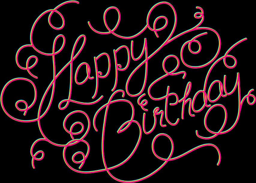 剪貼畫 桌布 壁紙 — 優雅的螢光粉紅草書在純黑背景上拼出「Happy Birthday」，帶有發光輪廓。