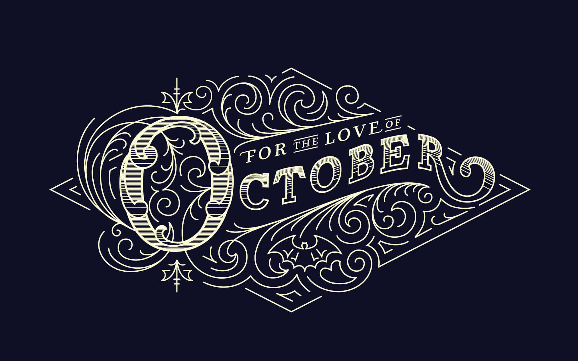 Blue October 桌布 壁紙 — 優雅的裝飾字體以奶油色在深海軍藍背景上顯示「FOR THE LOVE OF OCTOBER」。
