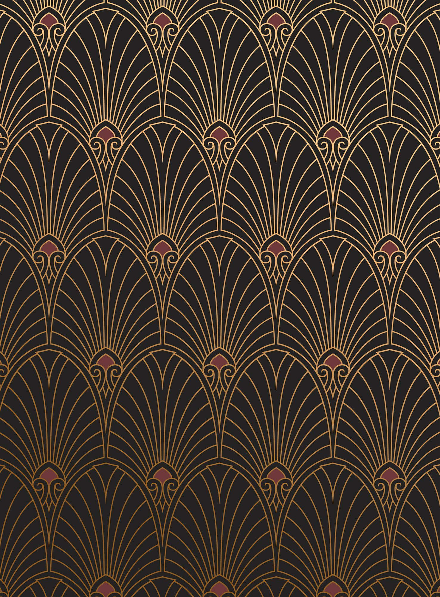 Art Nouveau 桌布 壁紙 — 優雅的裝飾藝術風格壁紙，在深色背景上重複出現金色扇形圖案和酒紅色點綴。