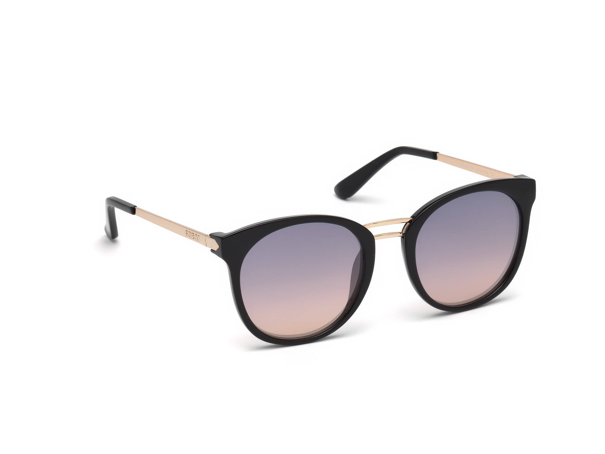 Sunglasses 桌布 壁紙 — 優雅的貓眼太陽眼鏡，黑色鏡框搭配玫瑰金點綴，置於純白背景前。