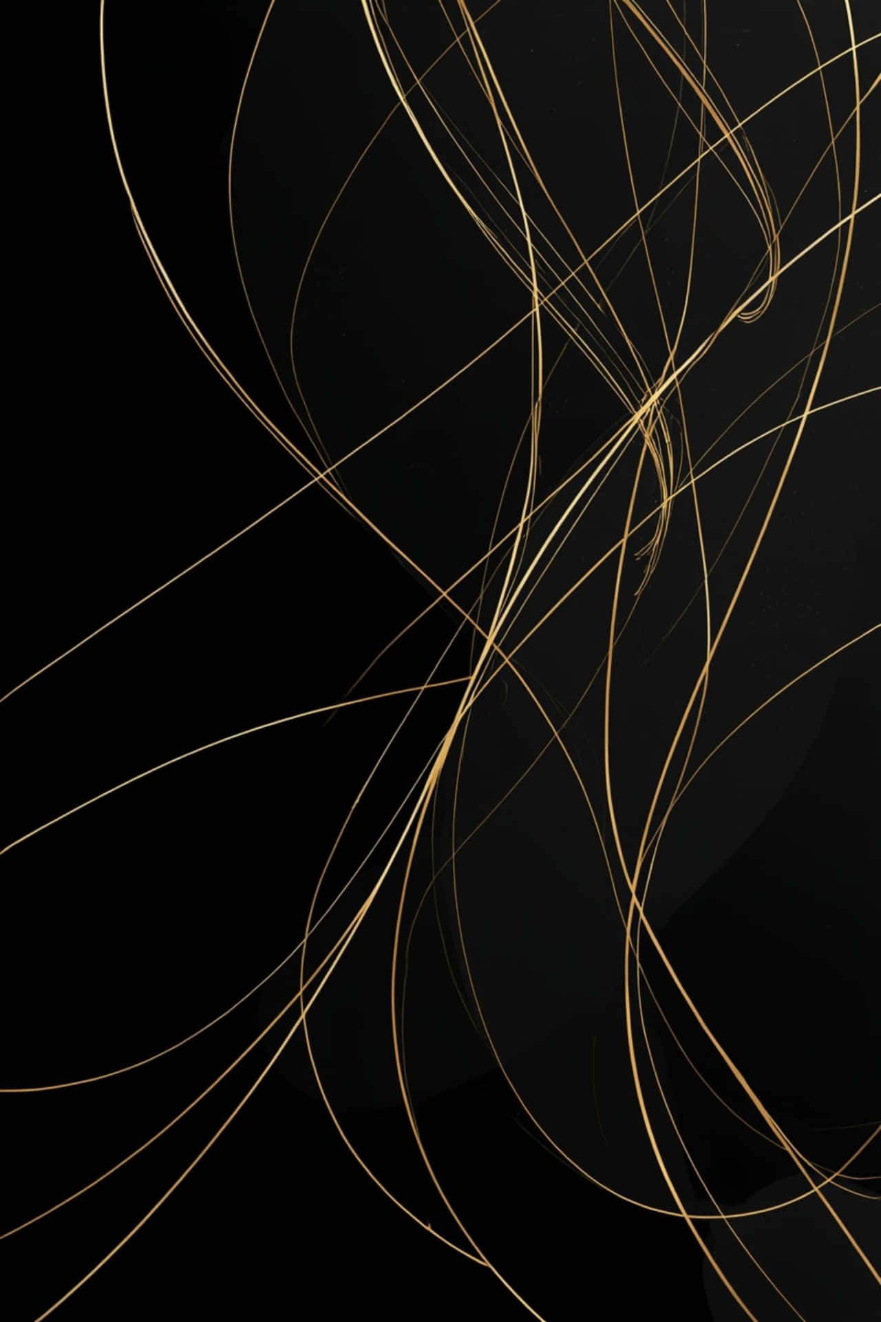 Abstract Black and Gold Luxury Lines Wallpaper 壁紙 — 優雅的金色光軌在深黑色背景上動態旋轉，營造出奢華的抽象構圖。