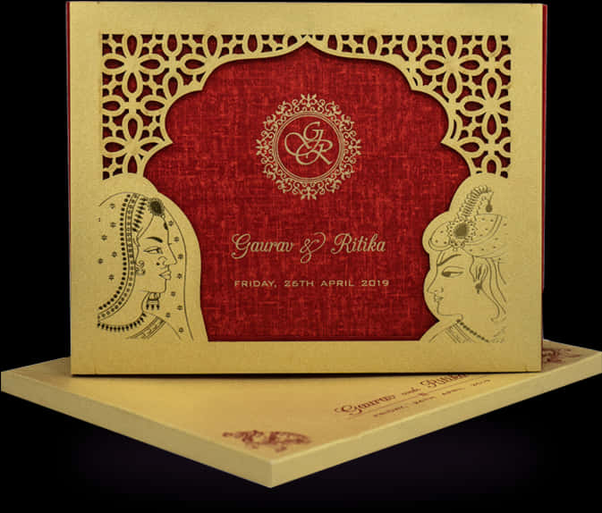 Marriage 桌布 壁紙 — 優雅的金色和紅色婚禮邀請函，帶有複雜的雷射切割圖案和新娘和新郎的側面肖像。