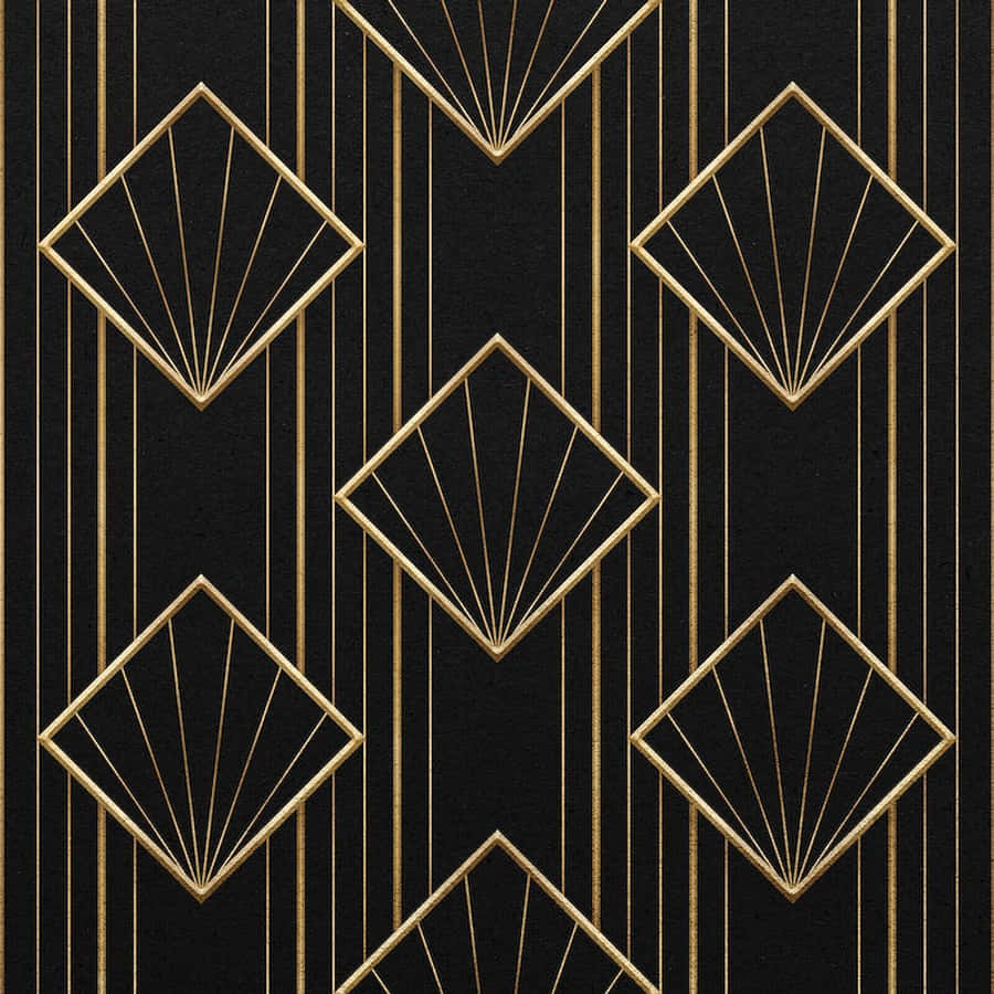 Art Deco iPhone 桌布 壁紙 — 優雅的金色幾何扇形和垂直線條點綴著帶有紋理的黑色壁紙，呈現裝飾藝術風格。