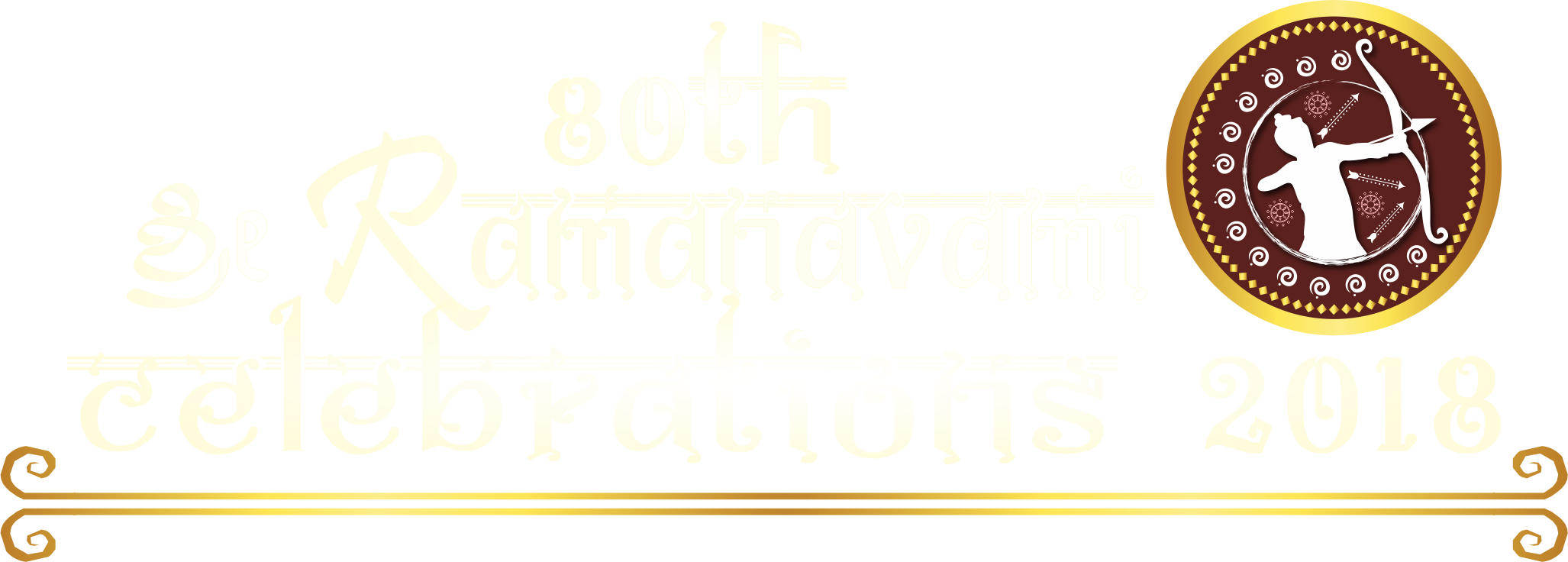 Rama Navami 桌布 壁紙 — 優雅的金色文字在栗色背景上以弓箭手的圓形徽章宣佈2018年第80屆Ramahavani慶祝活動。