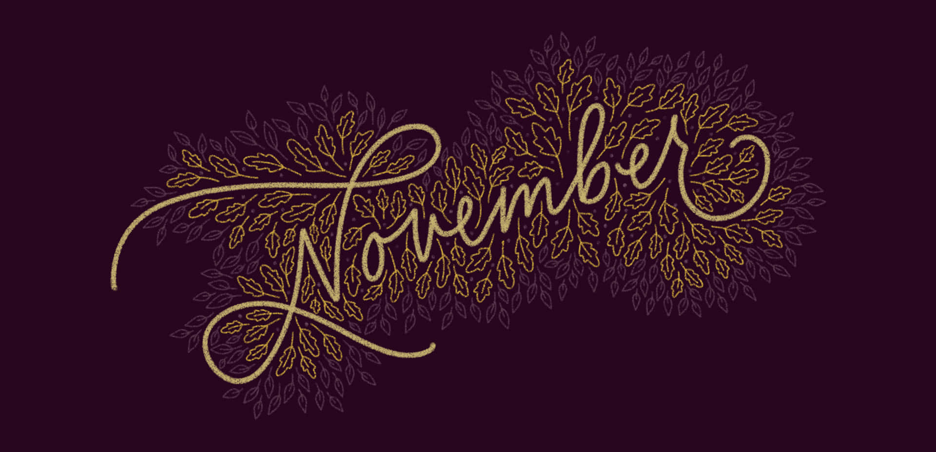 November Desktop 桌布 壁紙 — 優雅的金色書法拼寫十一月，與秋葉交織在深酒紅色背景上。