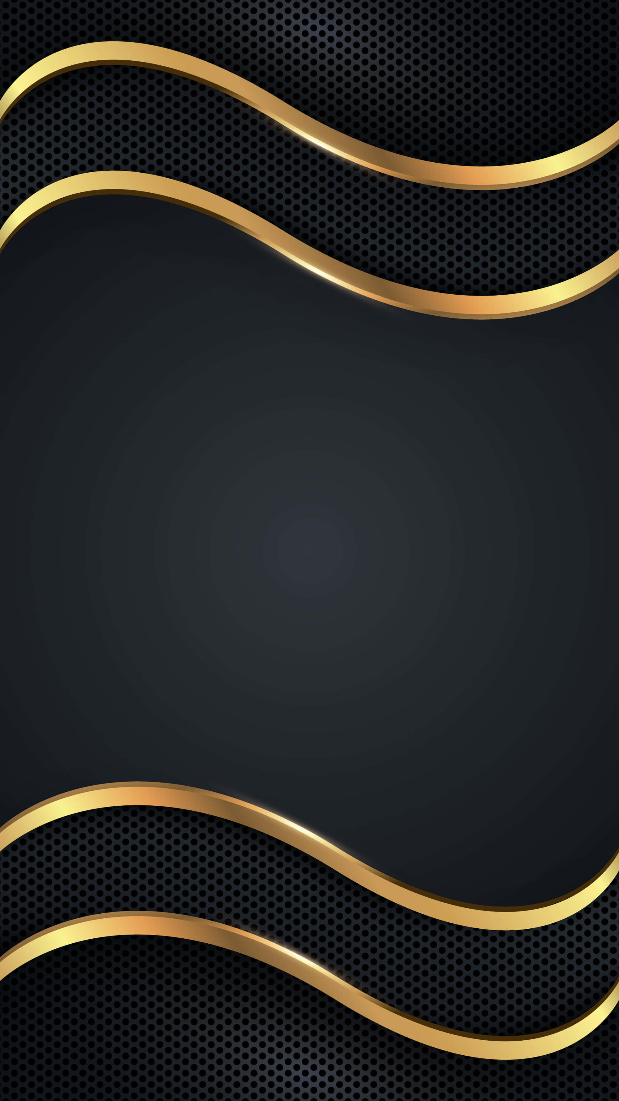 Elegant Black And Gold 桌布 壁紙 — 優雅的金色波浪線條在帶有紋理的黑色穿孔背景上形成對比，呈現時尚的數位設計。