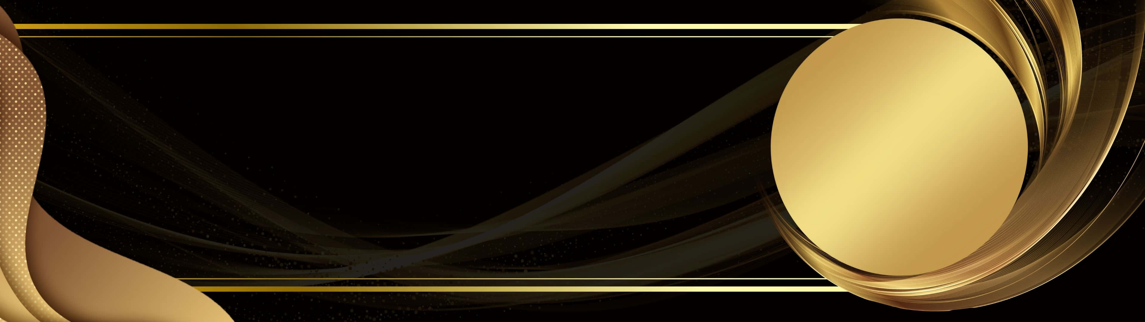 3840X1080 桌布 壁紙 — 優雅的金色漩渦和圓形裝飾在深邃的黑色背景上漂浮，帶有微妙的閃爍粒子。