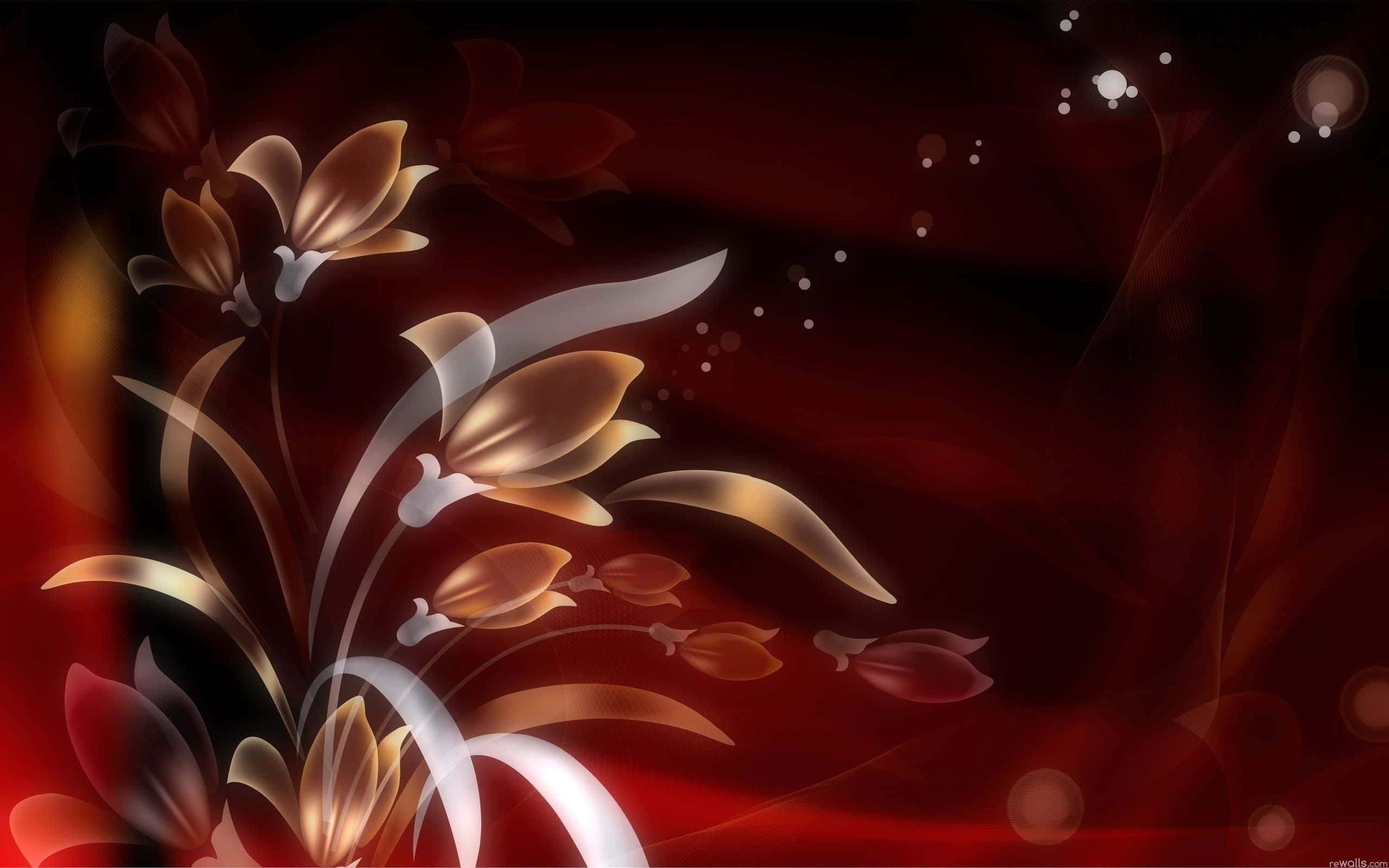 Flower Art 桌布 壁紙 — 優雅的金色花卉卷鬚在深紅色漸變背景上閃耀，帶有柔和散景燈光。