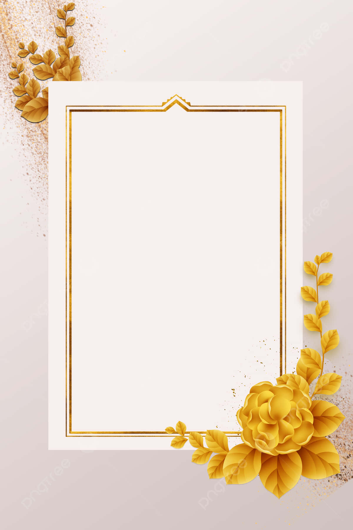 Wedding Card 桌布 壁紙 — 優雅的金色花卉框架，帶有精緻的葉子和一朵大牡丹，背景為柔和的米色。