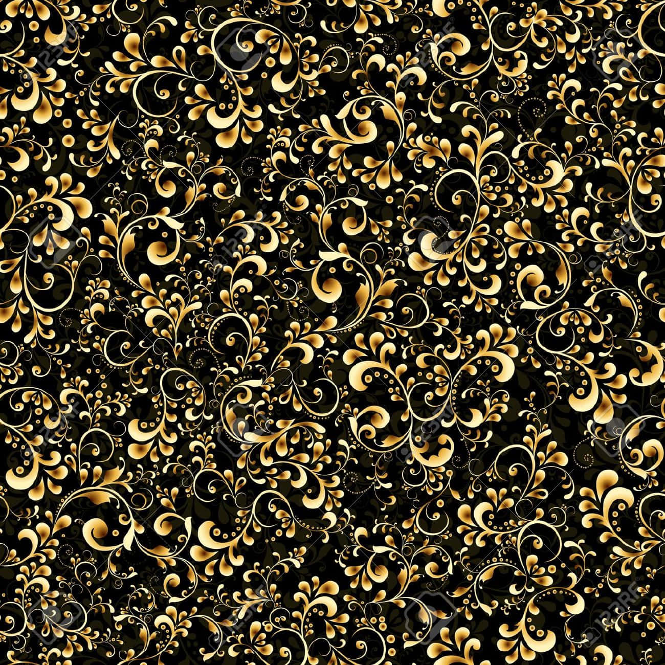 Elegant Gold 桌布 壁紙 — 優雅的金色花卉漩渦在深黑色背景上以奢華的重複圖案錯綜交織。