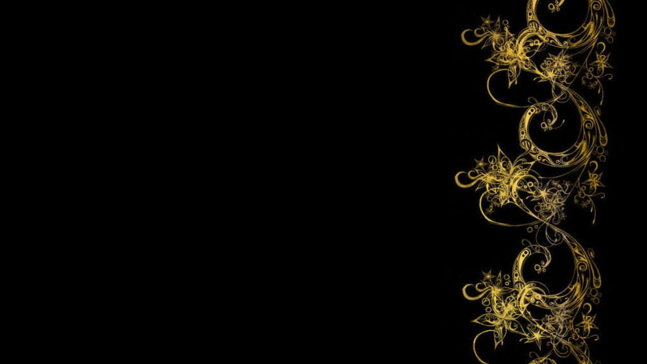 High Resolution Black And Gold 桌布 壁紙 — 優雅的金色花卉漩渦在純黑背景上層疊而下，營造出奢華的裝飾邊框。