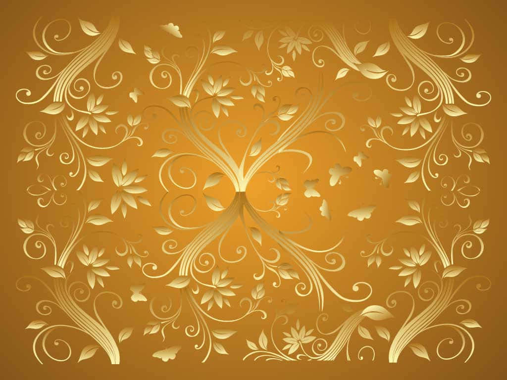 Elegant Gold 桌布 壁紙 — 優雅的金色花卉藤蔓和蝴蝶在溫暖的琥珀色背景上以對稱圖案旋轉。