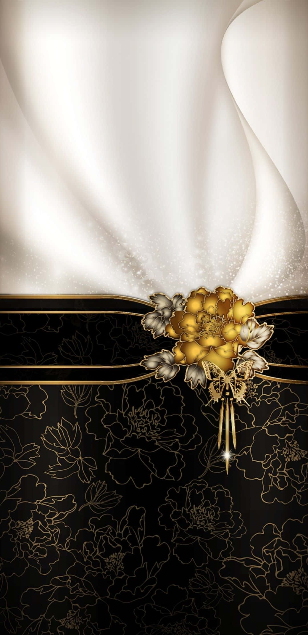 Elegant Gold 桌布 壁紙 — 優雅的金色花卉裝飾點綴在黑色圖案帶上，襯托著飄逸的白色布料和閃爍的塵埃。