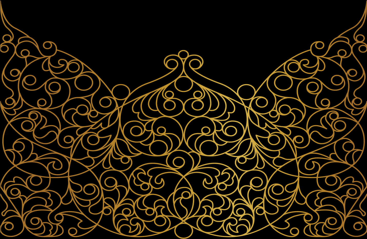 Graphics Design 桌布 壁紙 — 優雅的金色花絲圖案在純黑背景上以對稱、華麗的設計旋轉。