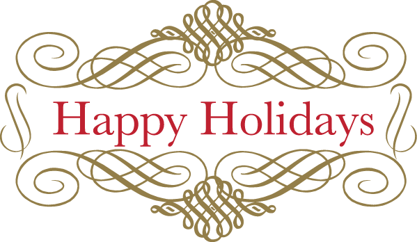 節日 桌布 壁紙 — 優雅的金色花絲框架環繞著粗體紅色「Happy Holidays」文字，背景為純黑色。