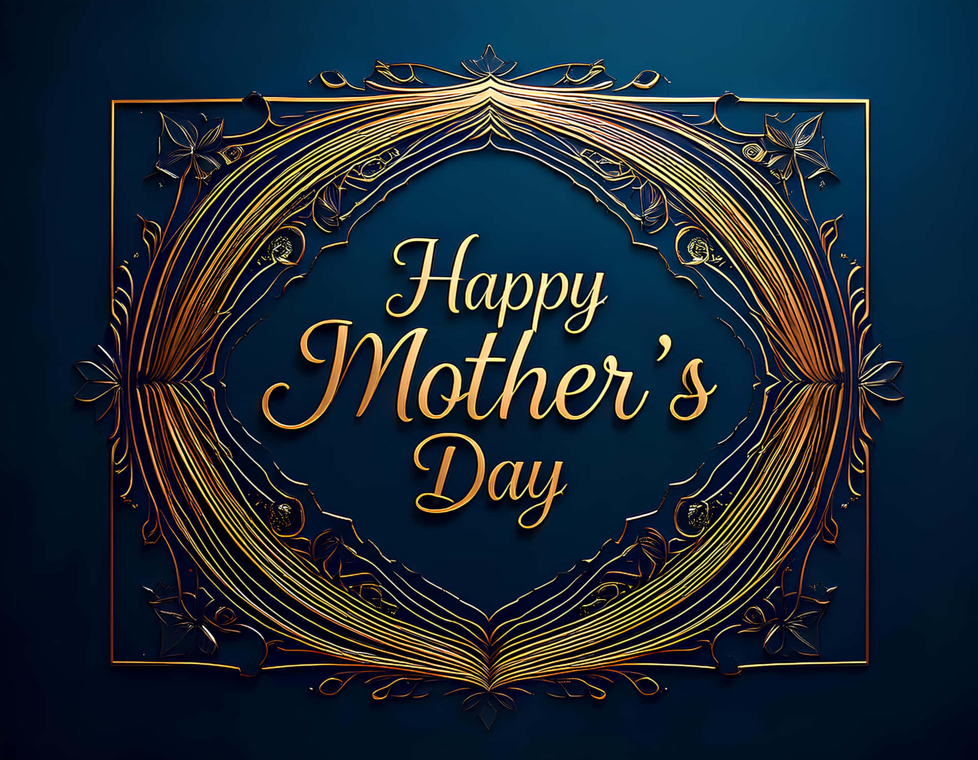 Happy Mothers Day 壁紙 — 優雅的金色華麗框架，帶有漩渦狀花絲和花卉圖案，環繞著深藍色背景上的Happy Mother's Day文字。