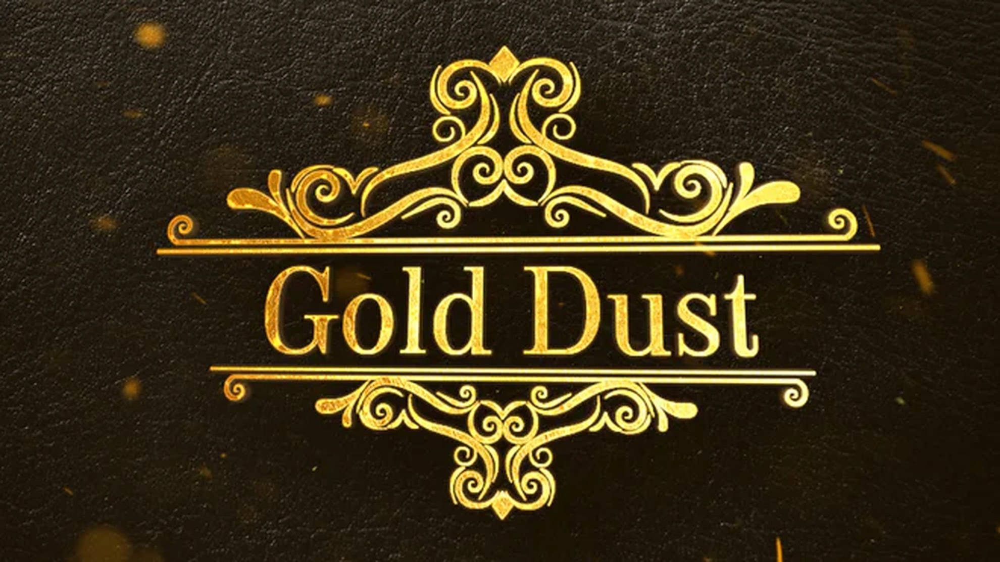 Dust 桌布 壁紙 — 優雅的金色華麗標誌，中央帶有「Gold Dust」文字，位於紋理黑色皮革背景上，並有漂浮的金色粒子。