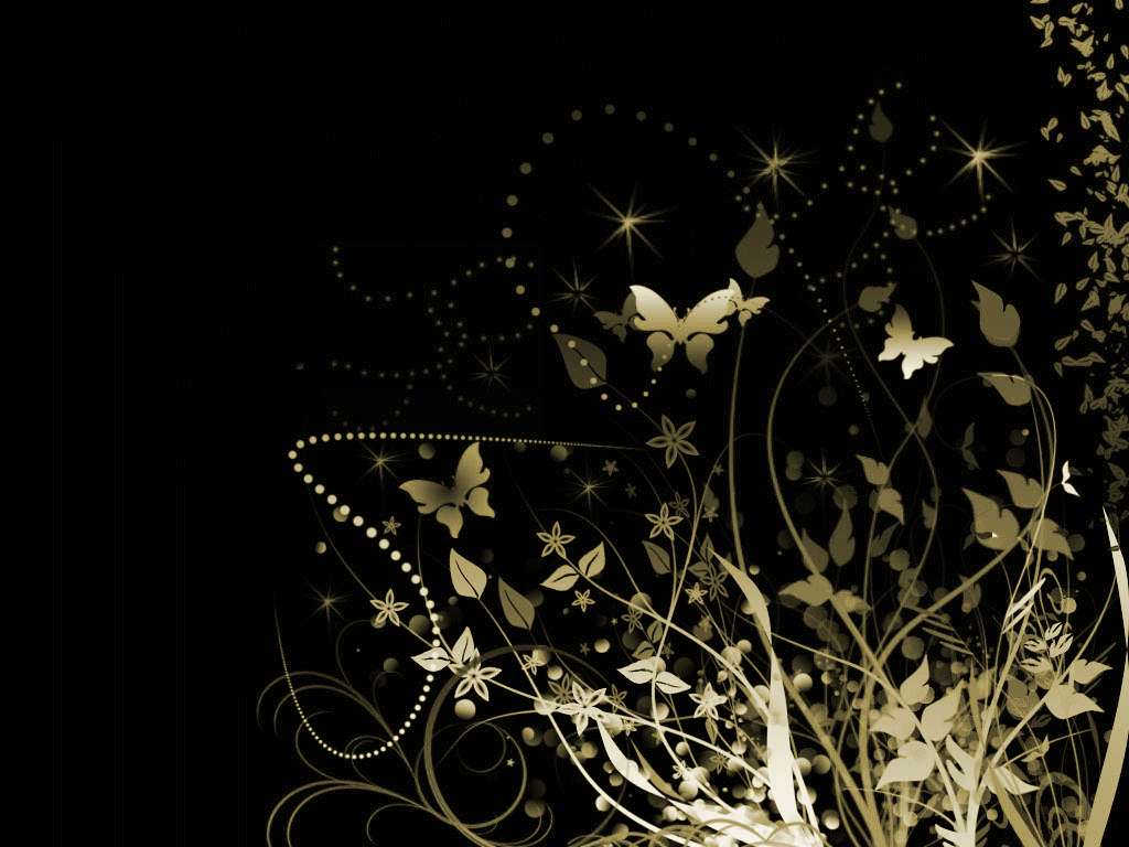 Cool Butterfly 桌布 壁紙 — 優雅的金色蝴蝶和花卉漩渦在深黑色背景上閃爍，呈現奢華的抽象設計。