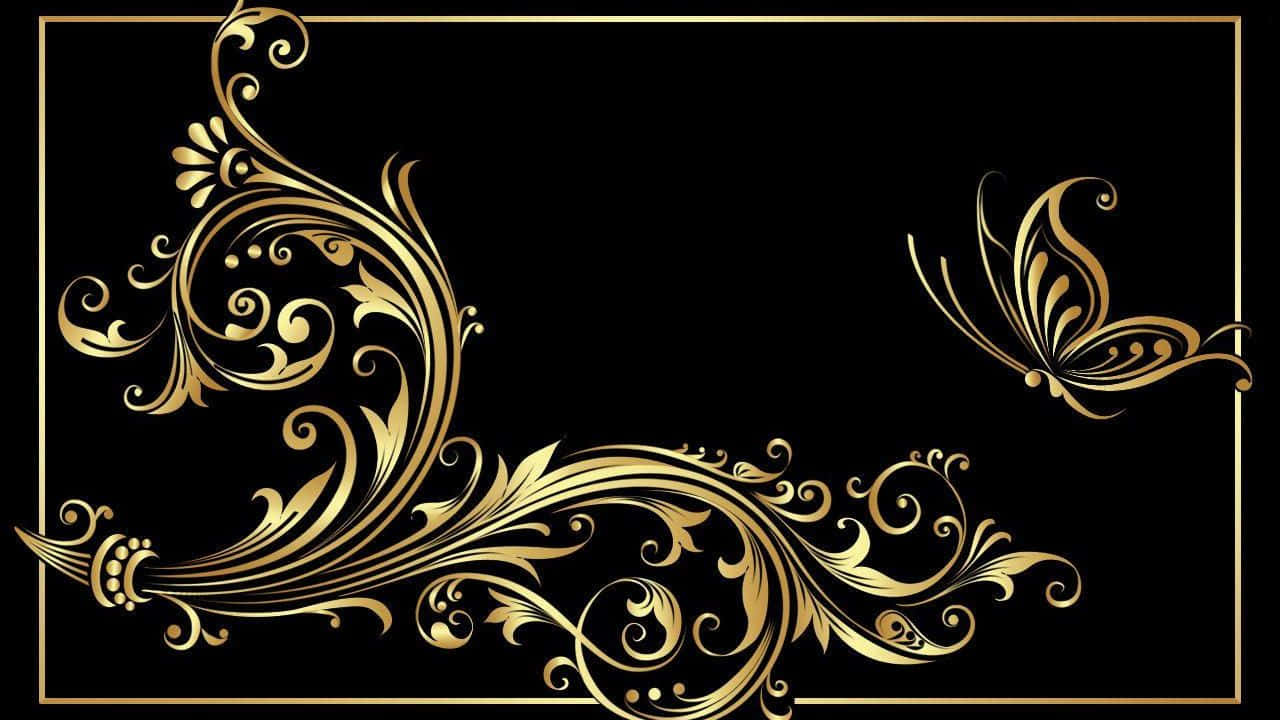 High Resolution Black And Gold 桌布 壁紙 — 優雅的金色裝飾漩渦和一隻蝴蝶點綴在帶有細金邊的黑色背景上。