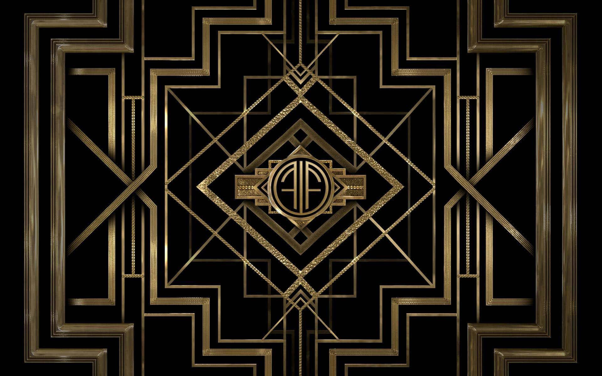 Art Deco iPhone 桌布 壁紙 — 優雅的金色裝飾藝術幾何圖案從中央的字母組合圖案向漆黑的背景輻射。