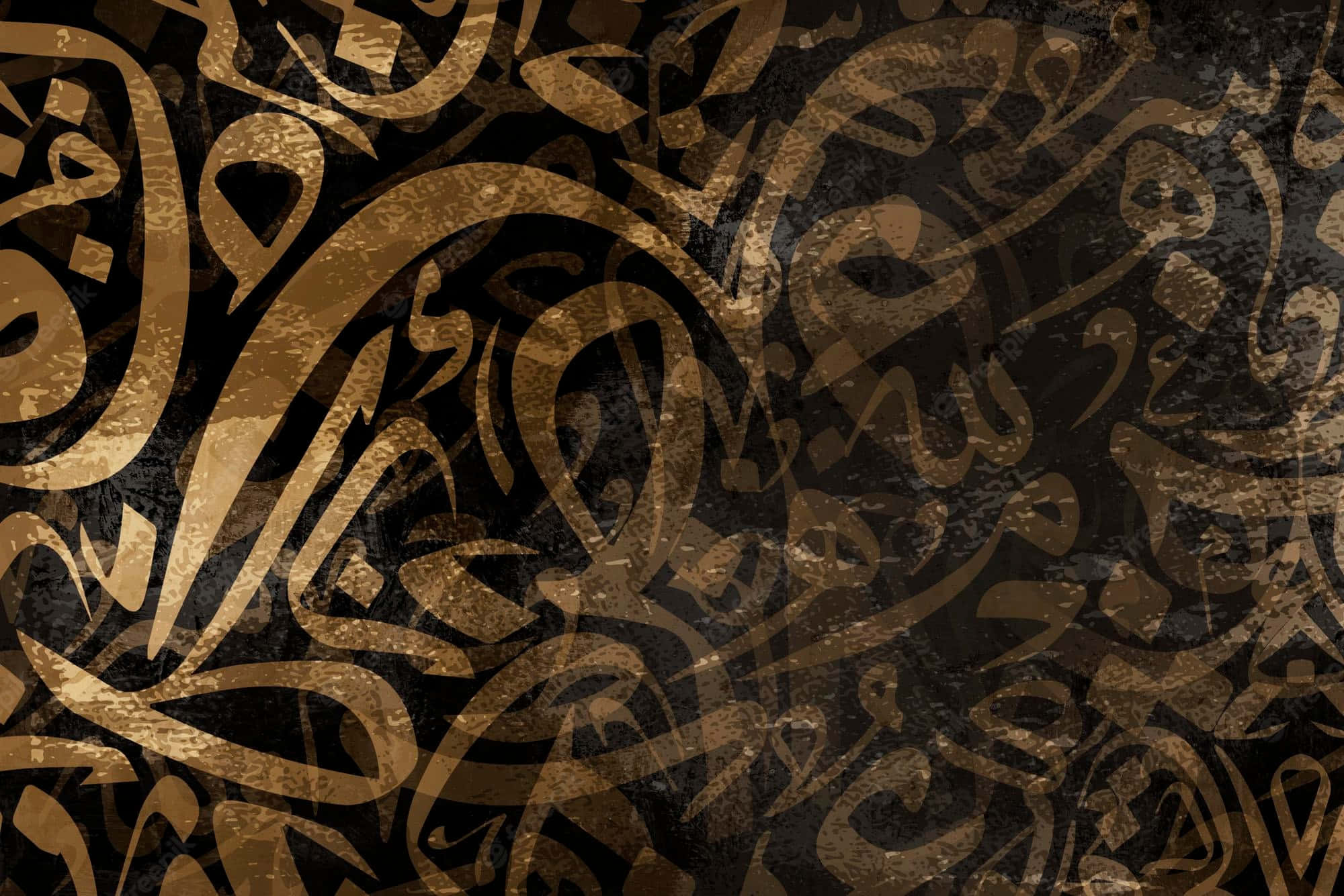 arabic 桌布 壁紙 — 優雅的金色阿拉伯書法漩渦，襯以帶有復古頹廢效果的紋理深棕色背景。