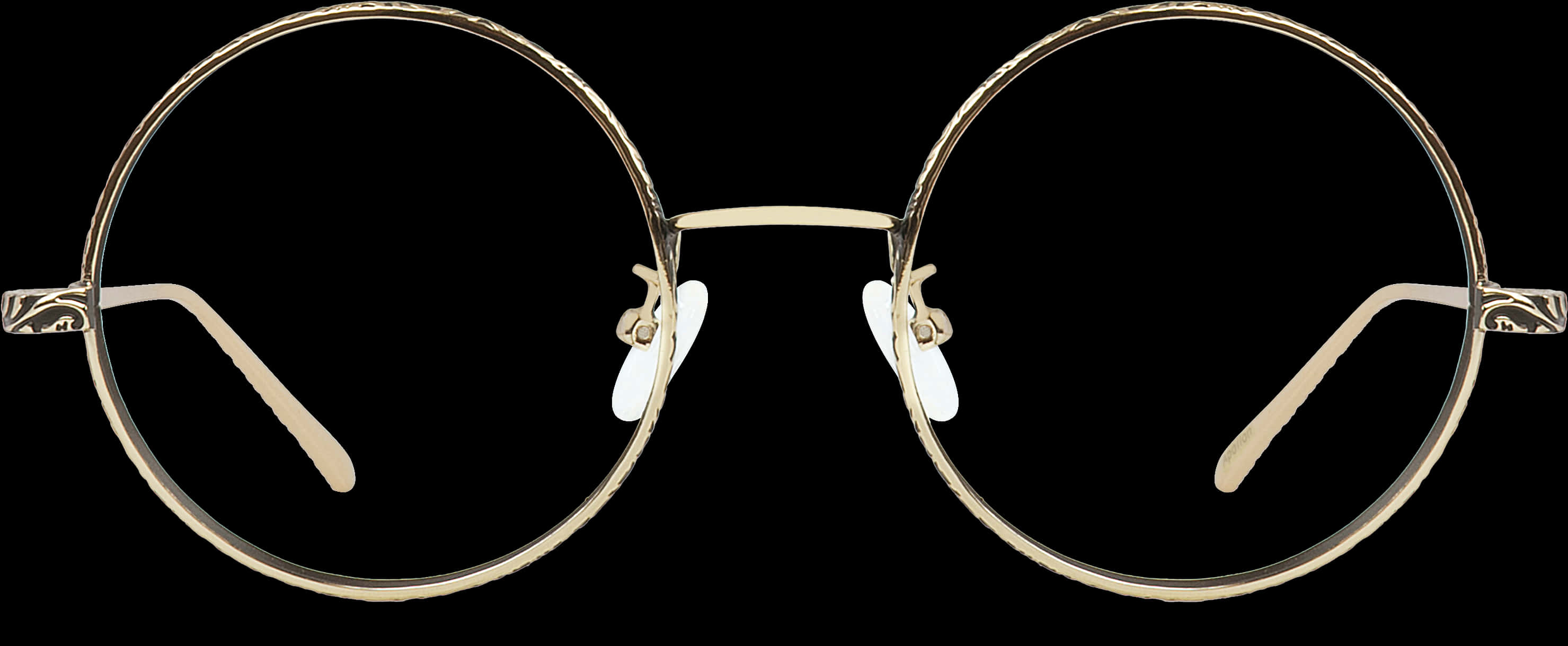 Accessories 桌布 壁紙 — 優雅的金邊圓框眼鏡，帶有華麗的鏡腿和白色耳套，置於純黑背景上。