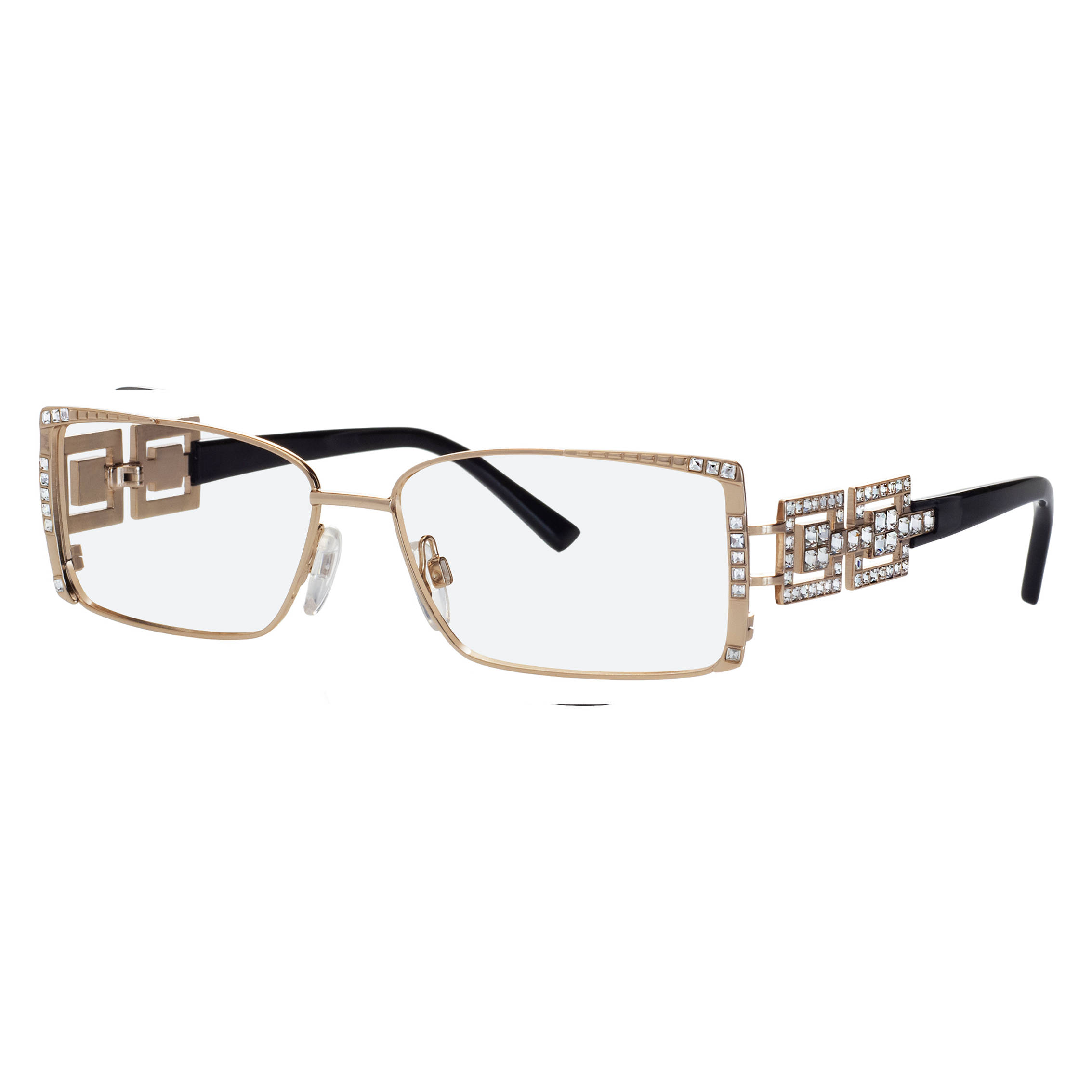 glasses 桌布 壁紙 — 優雅的金邊眼鏡，飾有閃爍的水晶和幾何圖案，置於潔白背景上。