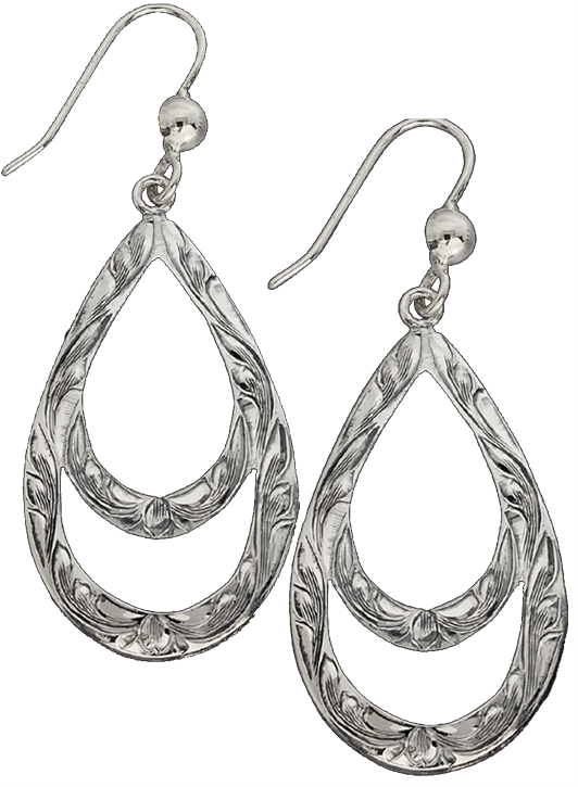 Earrings 桌布 壁紙 — 優雅的銀色淚滴耳環，帶有精緻的花卉雕刻，懸掛在純黑背景前。