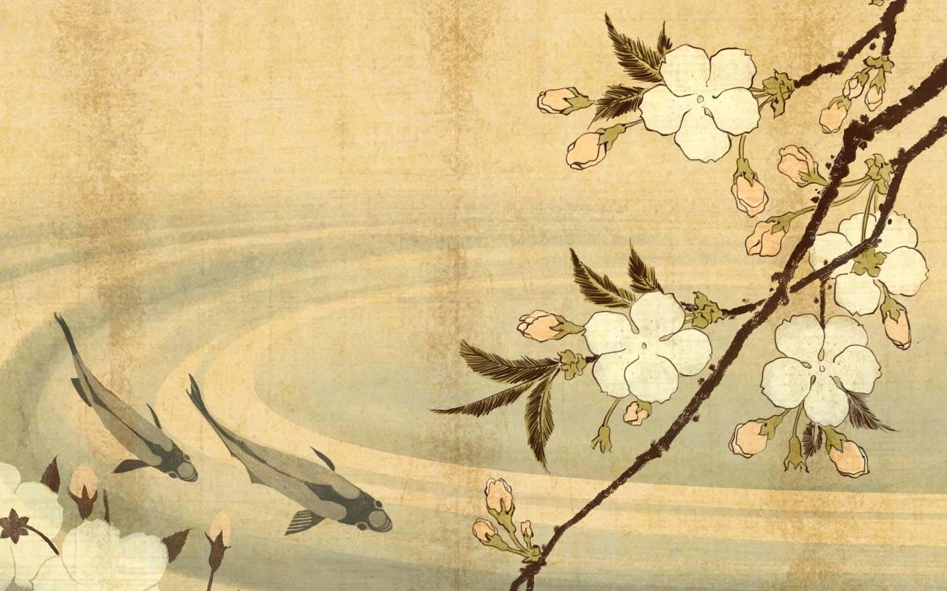 Asian 桌布 壁紙 — 優雅的錦鯉在盛開的櫻花枝下，於寧靜的傳統日本水墨畫中滑行。
