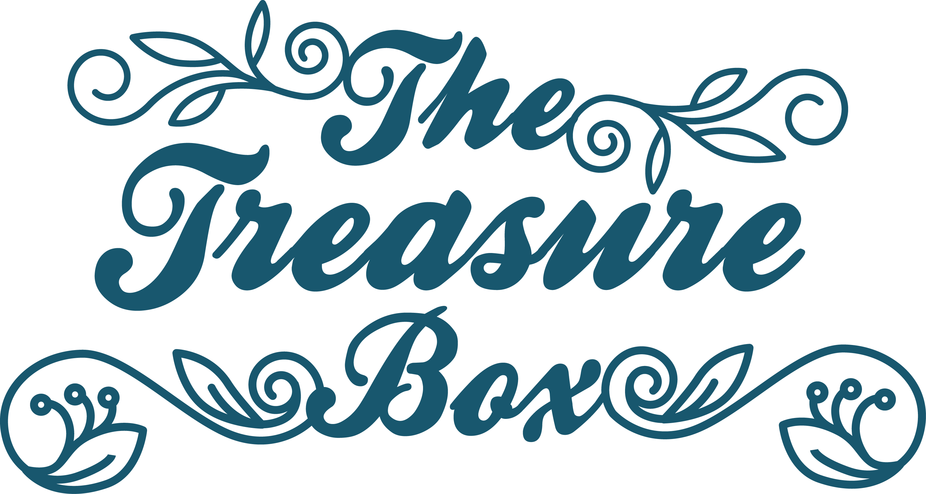 寶藏 桌布 壁紙 — 優雅的青綠色字體寫著「The Treasure Box」，周圍環繞著華麗的漩渦葉片裝飾，背景為潔淨的白色。