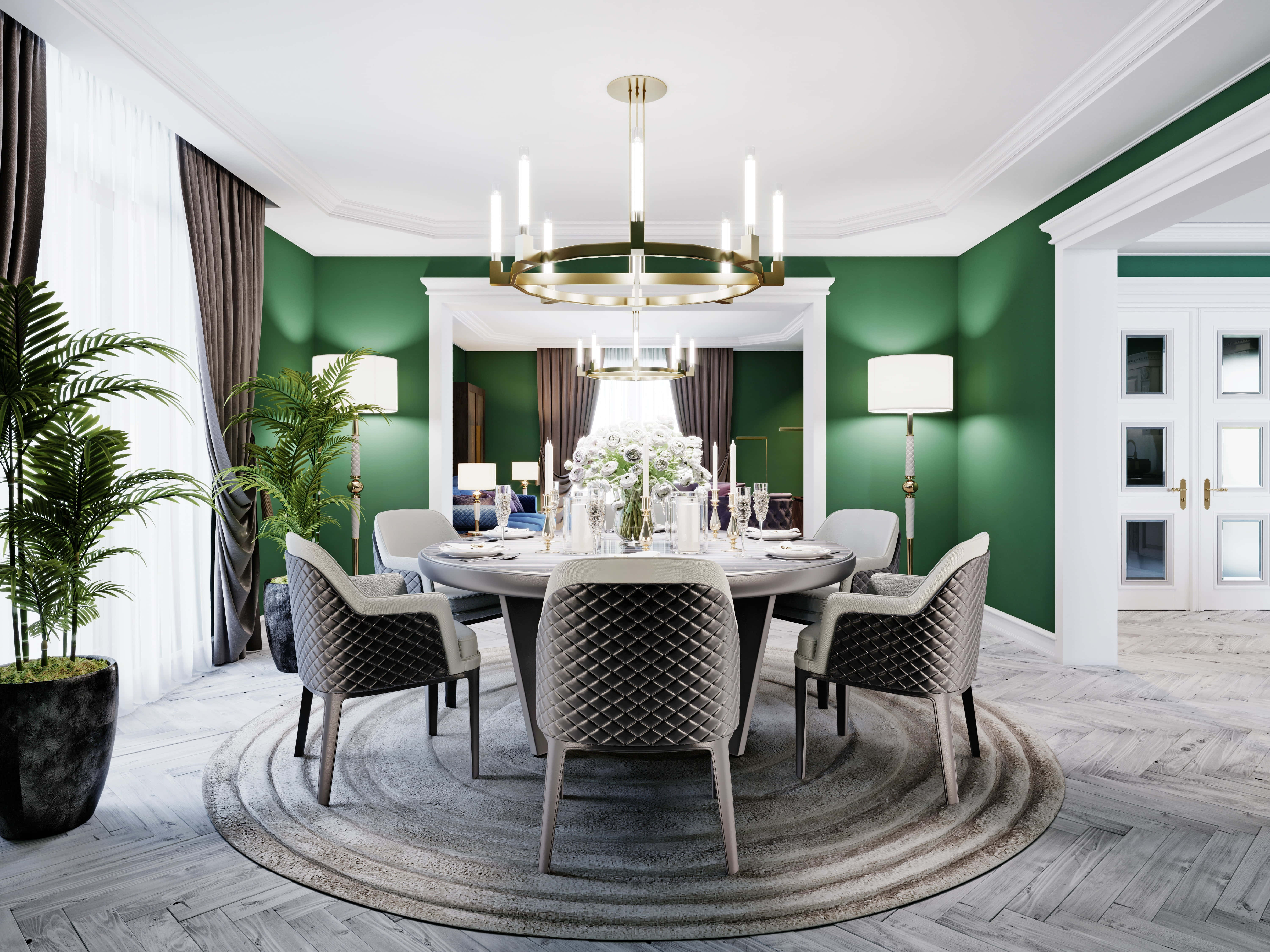 Dining Room 桌布 壁紙 — 優雅的飯廳，配有翠綠色牆壁、圓桌、絎縫椅子和現代吊燈，在柔和日光下。