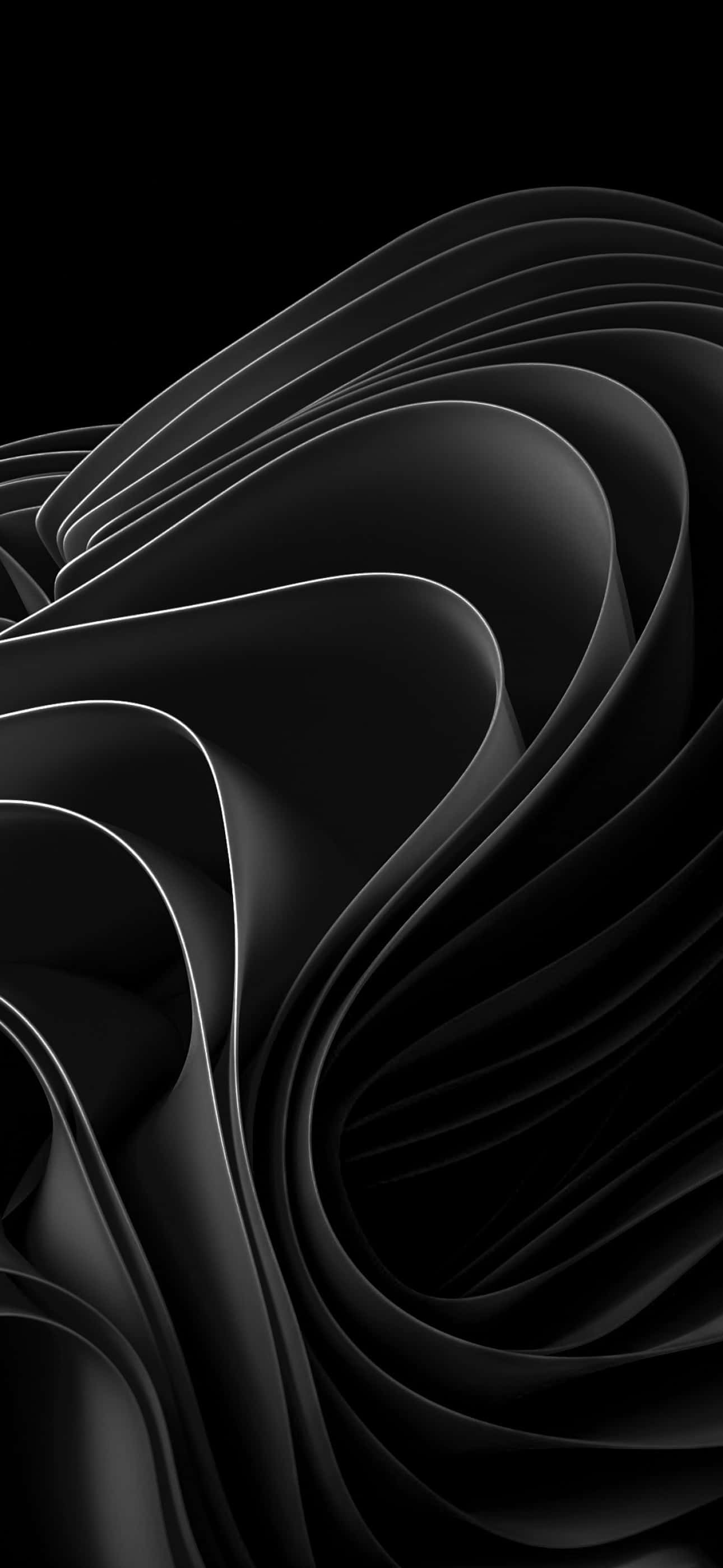 iPhone 11 Pro Black 桌布 壁紙 — 優雅的黑白抽象波浪，帶有發光邊緣，在深色背景上動態流動。