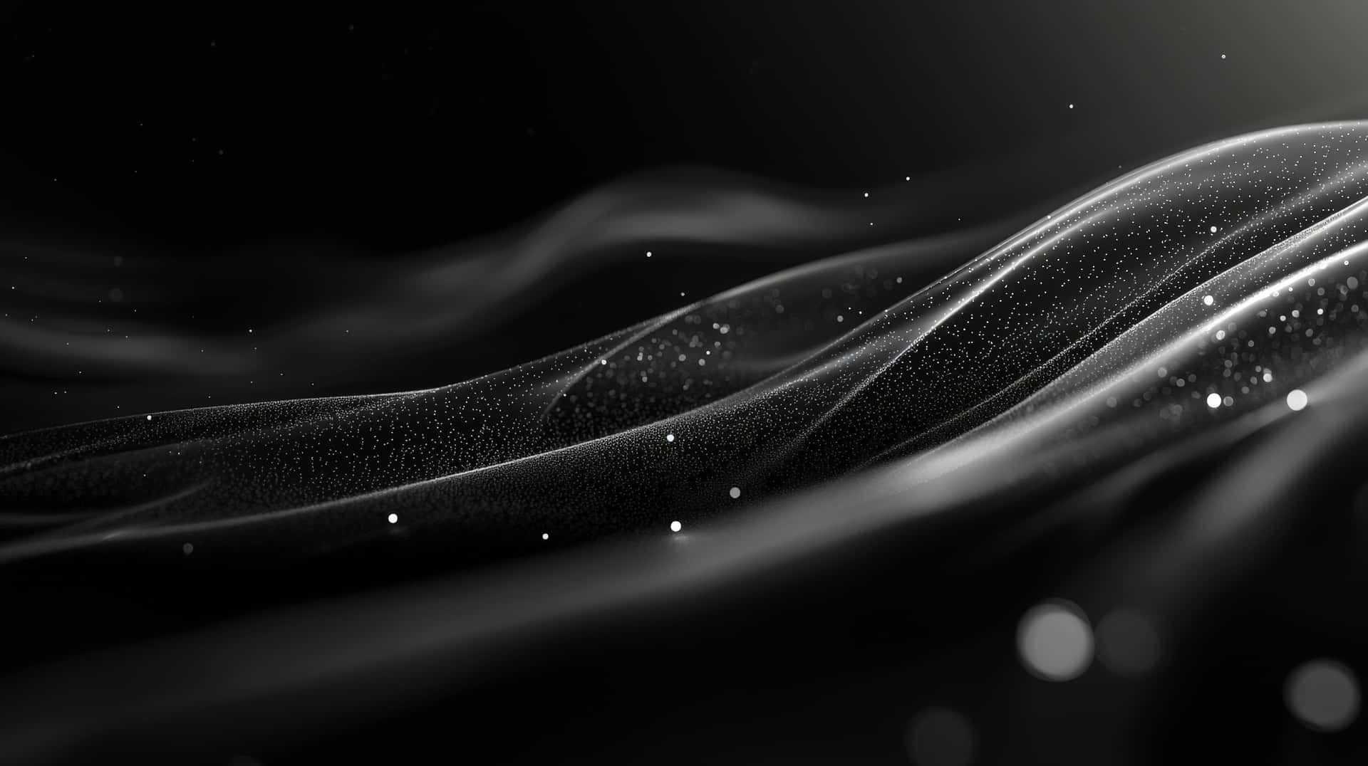 Abstract Black and White Silk Waves with Floating Sparkling Particles in Motion 壁紙 — 優雅的黑白抽象波浪在黑暗背景上泛起漣漪，帶有發光粒子。