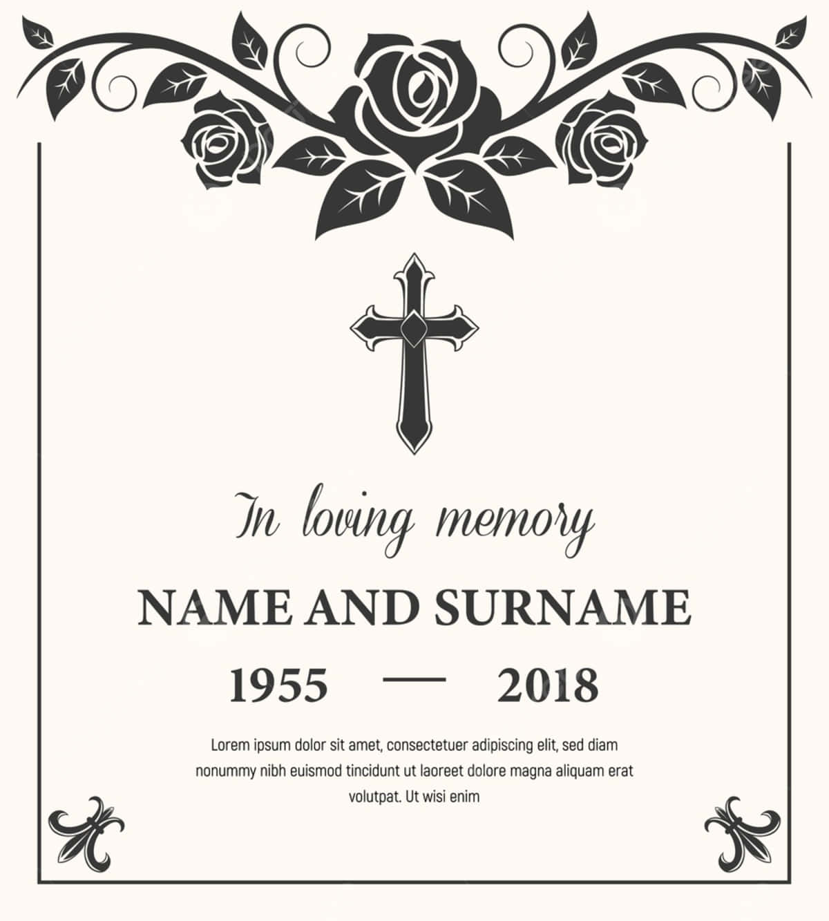 Obituary 桌布 壁紙 — 優雅的黑白紀念牌，帶有玫瑰、十字架和文字，紀念從1955年到2018年的一生。