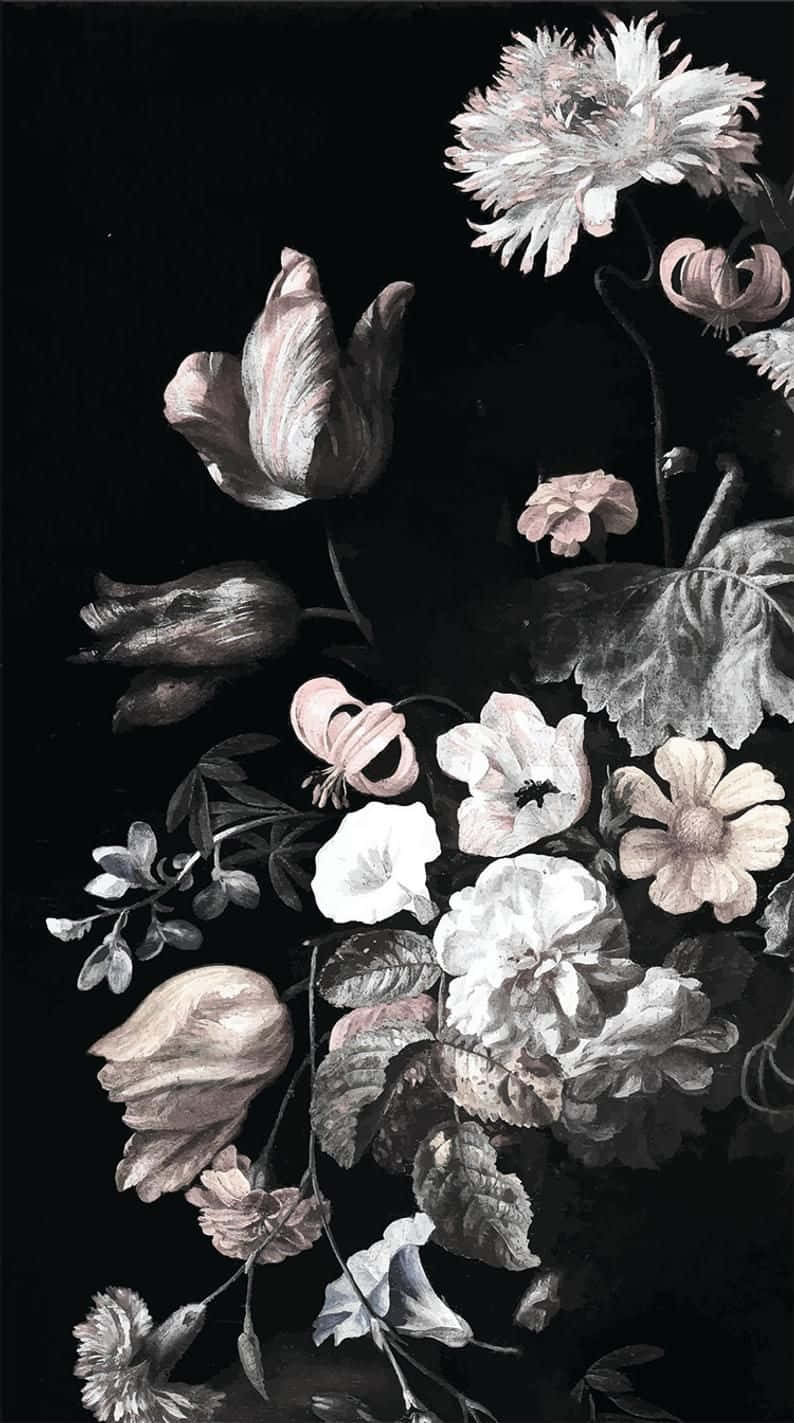 花朵美學動態圖 桌布 壁紙 — 優雅的黑白花卉佈置，精緻的花瓣和葉子襯托在純黑背景上。