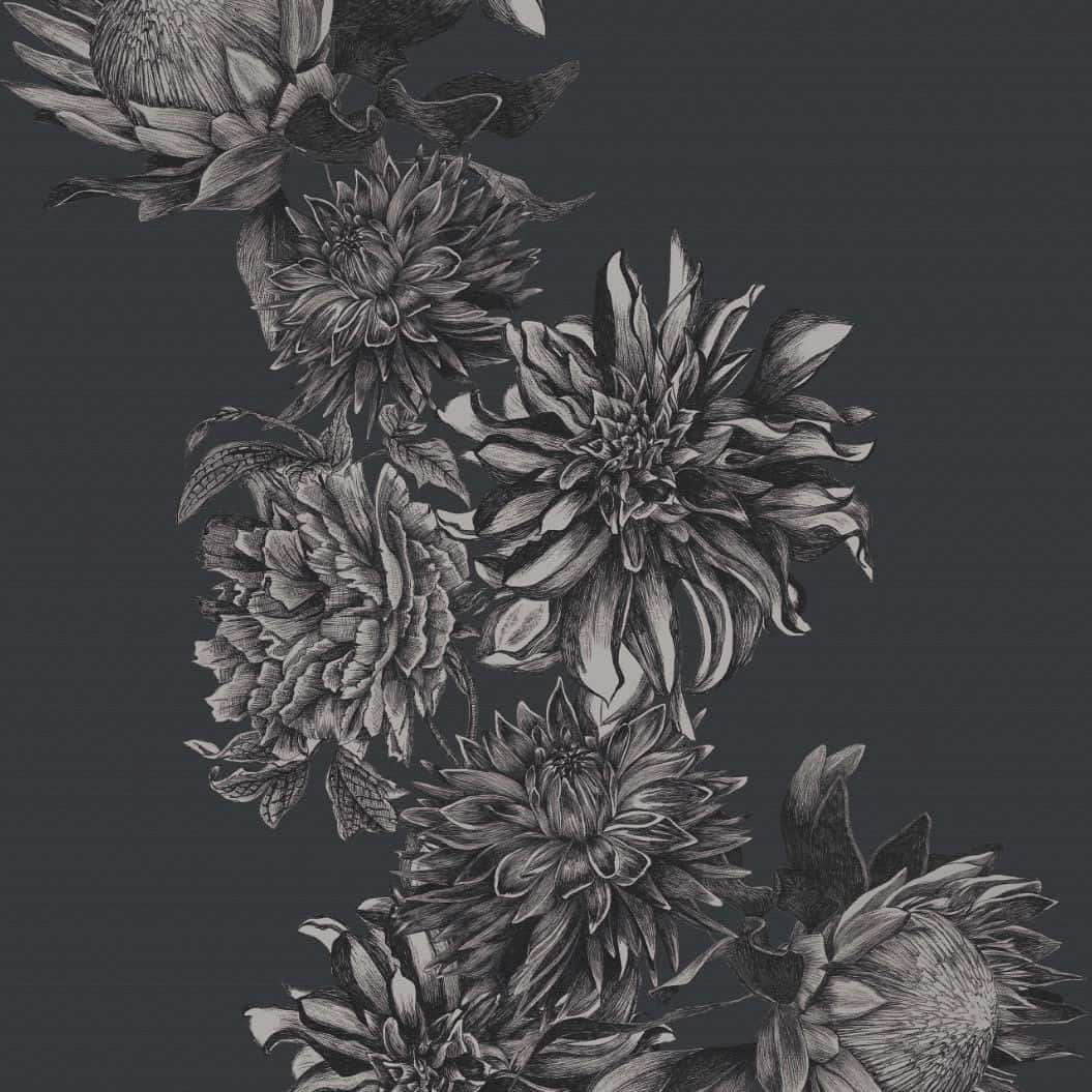 Charcoal Drawings 桌布 壁紙 — 優雅的黑白花卉插圖，帶有精緻的花瓣和葉子，背景為深灰色。